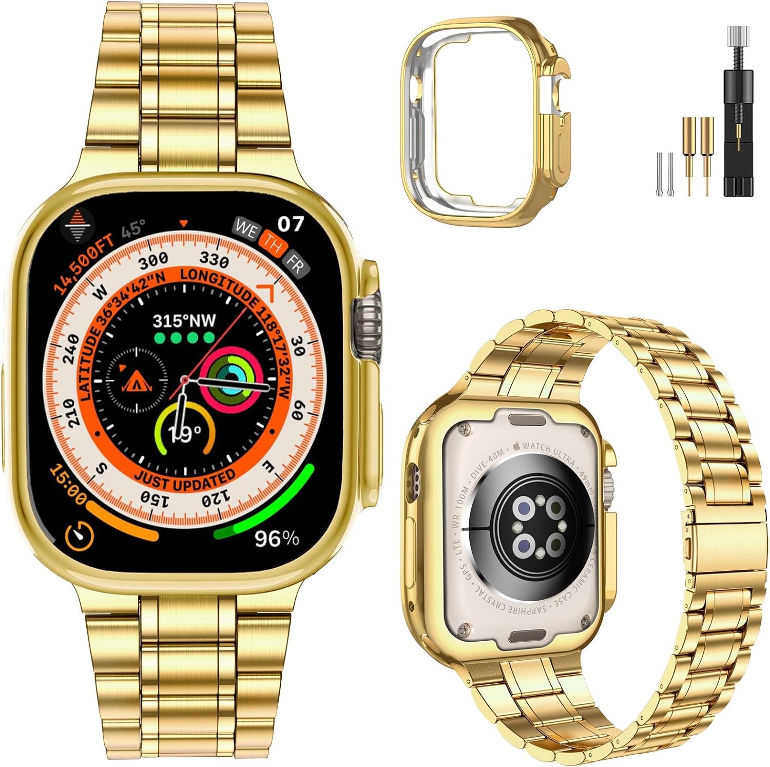Miohhr Solid Stainless Steel Band Compatible with Apple Watch 49Mm 45Mm 44Mm 42Mm 41Mm 40Mm 38Mm, Metal Strap for Iwatch Series Ultra/Ultra2/9/8/7/6/5/4/3/2/1 SE Women and Men