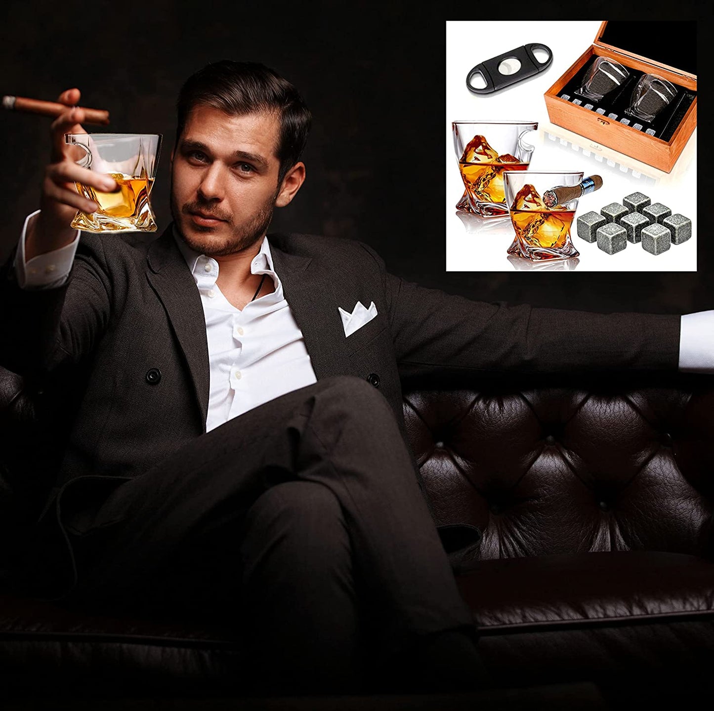 Bezrat Old Fashioned Whiskey Cigar Glasses with Side Mounted Cigar Holder + Whisky Chilling Stones and Accessories in Wooden Box - Scotch Bourbon Set for Dad, Husband, Fathers Day, Birthday Gift Set