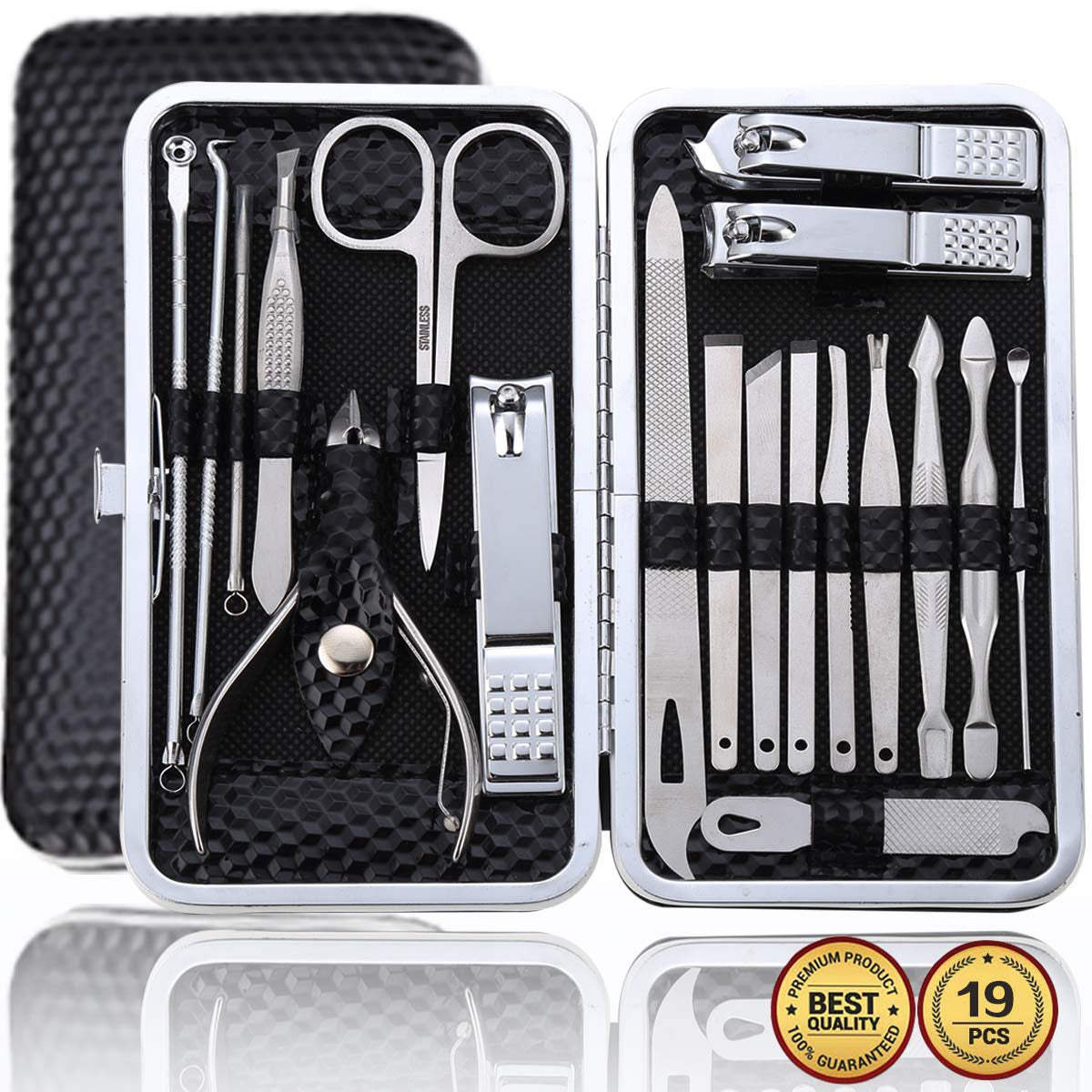 Manicure Set Pedicure Kit Professional 19 Pcs Nail Clipper for Men & Women Stainless Steel Sharp Cutter Grooming Nose Hair Scissors…Black Fingernails & Toenails with Portable Case (Wine Red_19 Pieces)