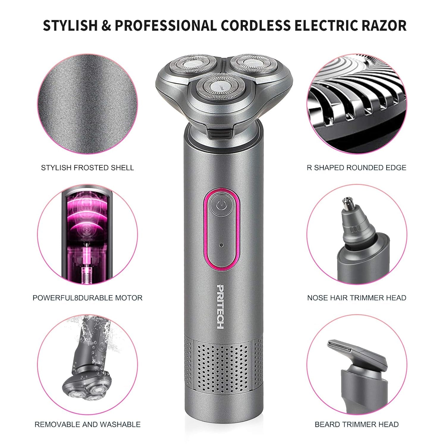 Electric Razor Rechargeable Face Shaver - Rotary Shaver Beard Nose Hair Trimmer, Waterproof Wet/Dry Shaving Kit with 3 in 1 Rotary Razor, Standing Rechargeable Base, USB Recharging, Aurora Gray