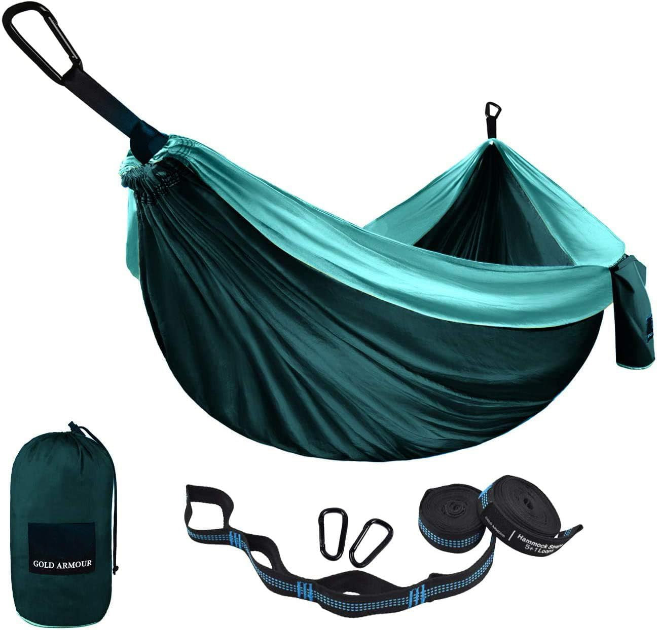 Gold Armour Camping Hammock - Portable Hammock Single Hammock Camping Accessories Gear for Outdoor Indoor Adult Kids, USA Based Brand (Light Blue & Grey)