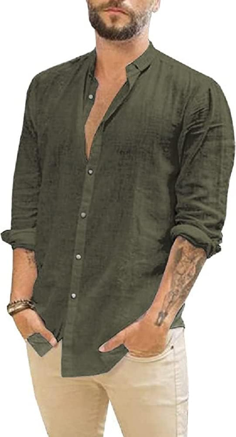 Mens Casual Long Sleeve Cotton Linen Shirts Buttons down Solid Plain Roll-Up Sleeve Summer Beach Shirts